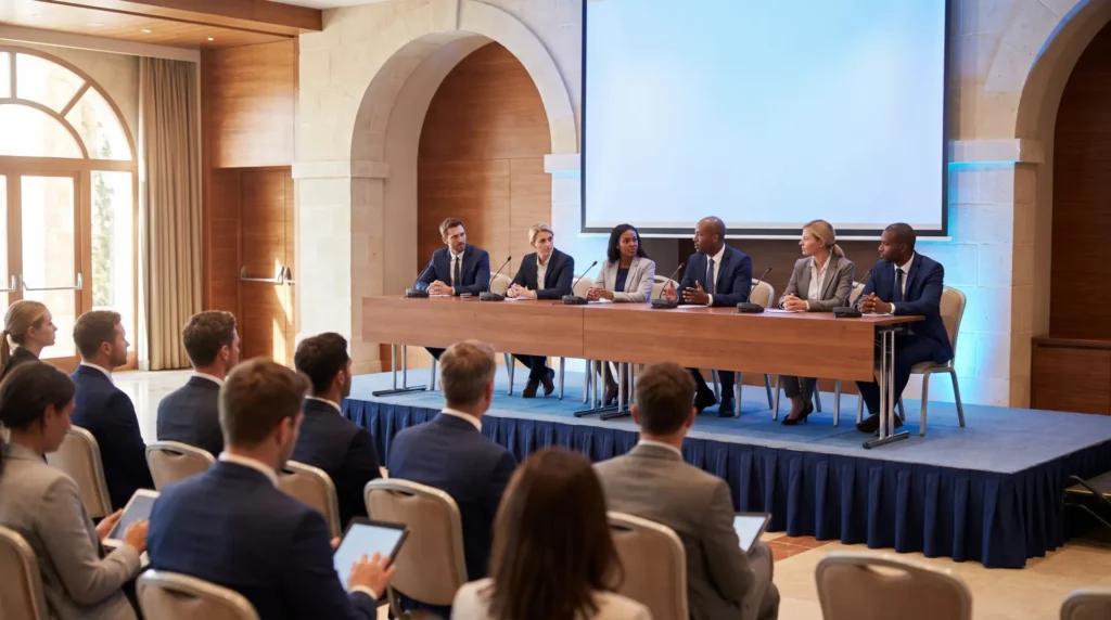 Tavola rotonda di un convegno nazionale sul procurement sanitario in una sala congressi d'albergo